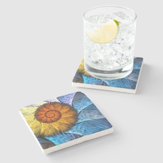 Floral Oranje Geel Blauw Abstracte Kunst Stenen Onderzetter (Zijkant)