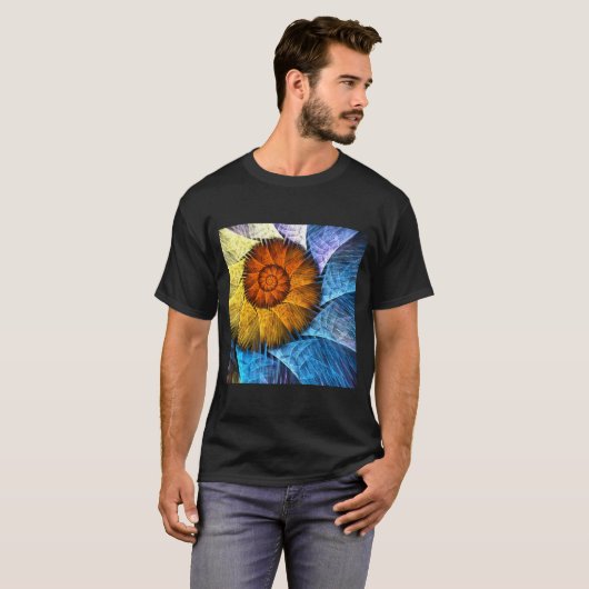 Floral Oranje Geel Blauw Abstracte Kunst T-shirt (Voorkant volledig)