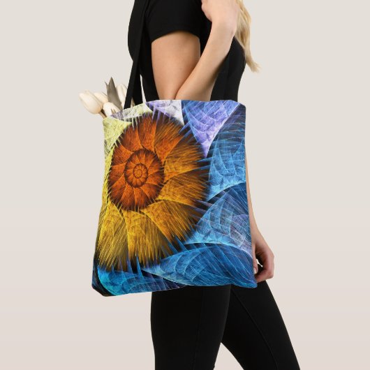 Floral Oranje Geel Blauw Abstracte Kunst Tote Bag (Dichtbij)