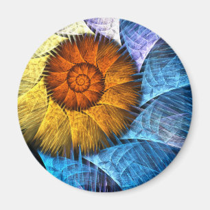 Floral Oranje Geel Blauw Abstracte Kunstronde Magneet