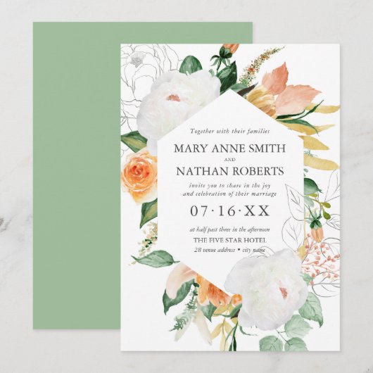 Floral Oranje Geometric Botanical Weddenschap Kaart (Voorkant / Achterkant)