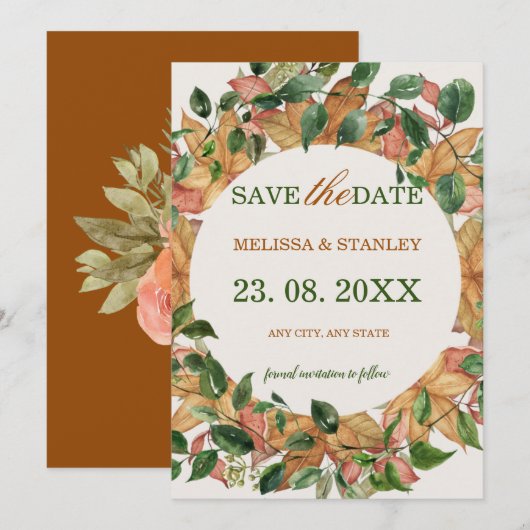 Floral Oranje Greenery Waterverf Rustic Save The Date (Voorkant / Achterkant)