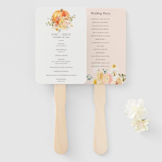 Floral Oranje herfst Pumpkin Wedding Programme Handwaaier (Voorkant en achterkant)