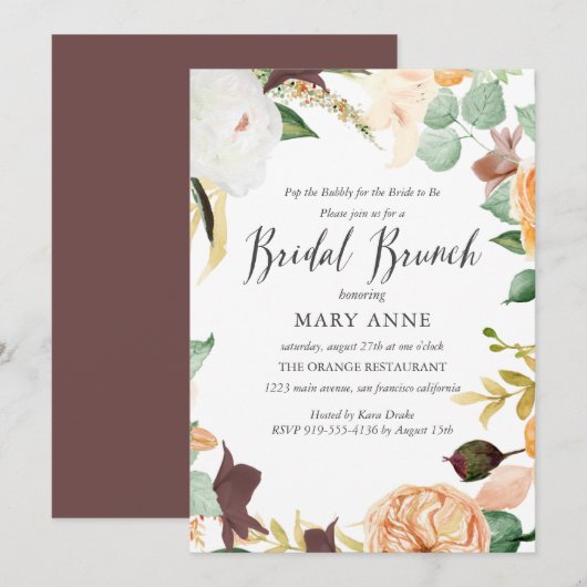 Floral Oranje Late Summer Wedding Bridal Brunch Kaart (Voorkant / Achterkant)