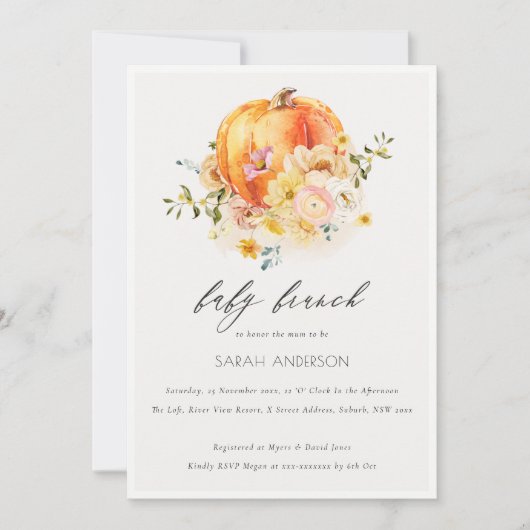 Floral Oranje pomkin Baby Brunch Shower Invite Bedankkaart (Voorkant)