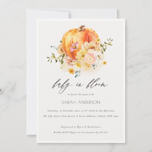 Floral Oranje pompoen Baby in bloem Shower Invite Bedankkaart (Voorkant)