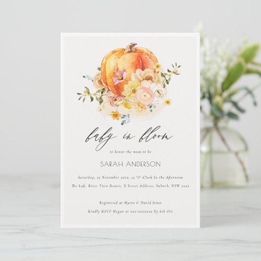 Floral Oranje pompoen Baby in bloem Shower Invite Bedankkaart (Staand voorkant)