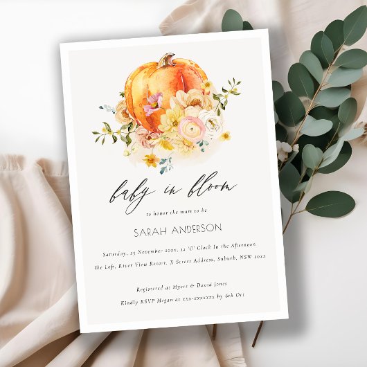Floral Oranje pompoen Baby in bloem Shower Invite Bedankkaart