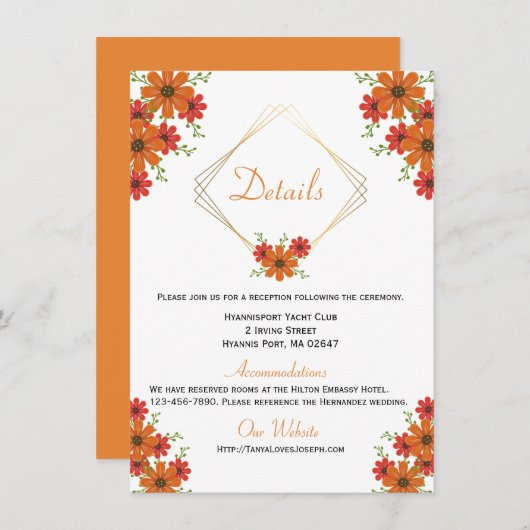 Floral Oranje Wedding Details Land Herfst Rustic Kaart (Voorkant / Achterkant)