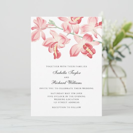 Floral orchidee elegant moderne huwelijksuitnodigi kaart (Staand voorkant)