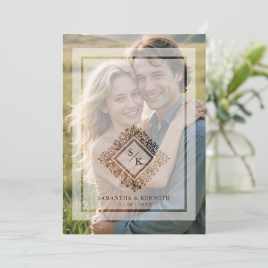 Floral Ornate Frame Diamond Shape Wedding Initials Kaart (Staand voorkant)