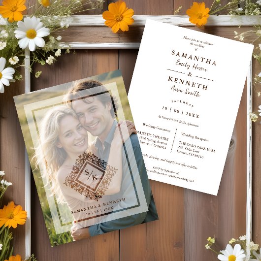 Floral Ornate Frame Diamond Shape Wedding Initials Kaart