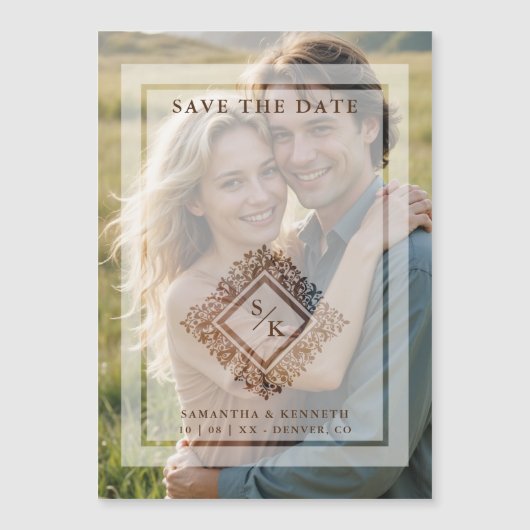 Floral Ornate Frame Diamond Shape Wedding Initials Magnetische Uitnodiging (Voorkant)