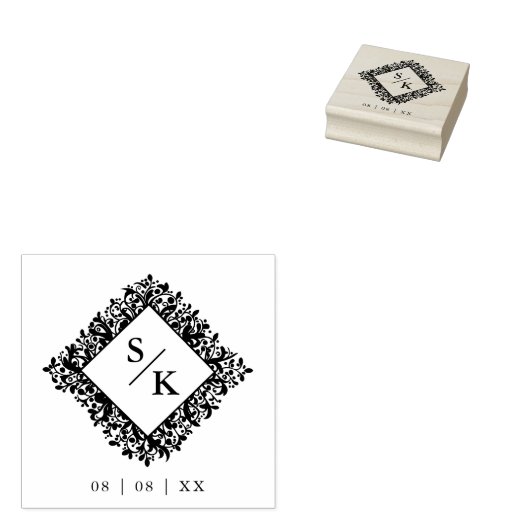 Floral Ornate Frame Diamond Shape Wedding Initials Rubberstempel (Gestempeld)