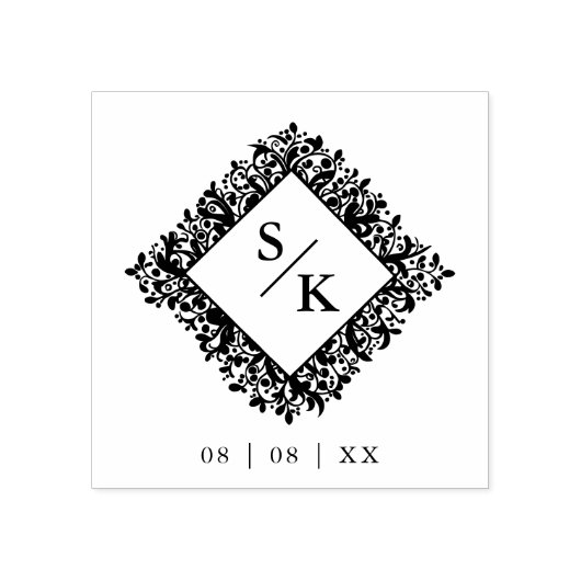 Floral Ornate Frame Diamond Shape Wedding Initials Rubberstempel (Afrduk)