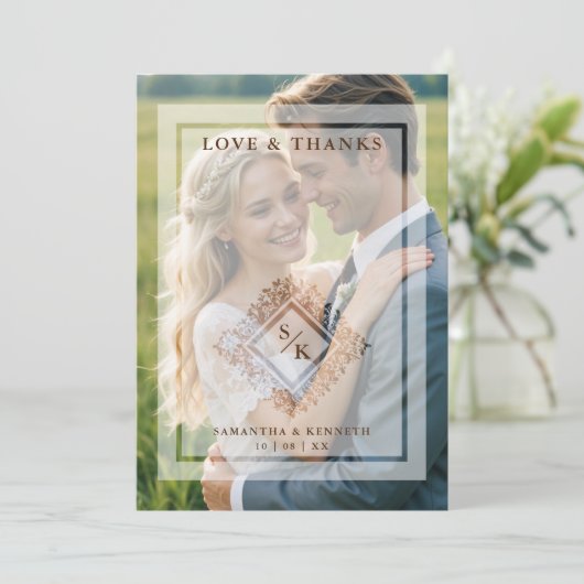 Floral Ornate Frame in Diamond Shape with Initials Bedankkaart (Staand voorkant)