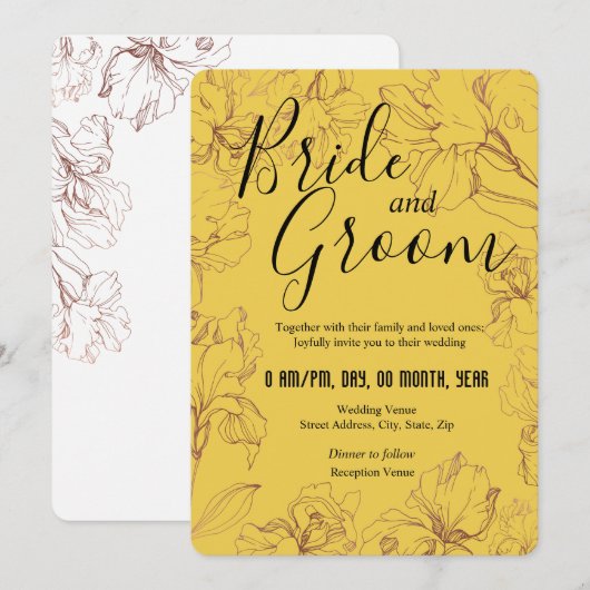 Floral Outline Design in Yellow Mustard BG Wedding Kaart (Voorkant / Achterkant)