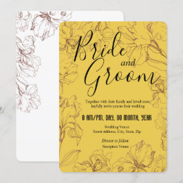 Floral Outline Design in Yellow Mustard BG Wedding Kaart