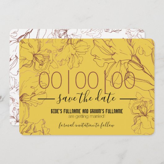 Floral Outline Design in Yellow Mustard BG Wedding Save The Date (Voorkant / Achterkant)