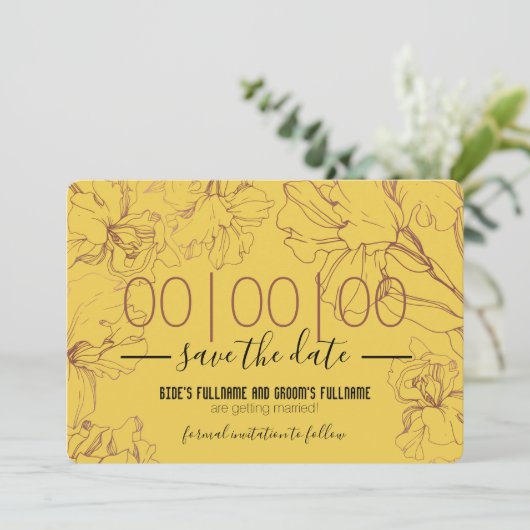 Floral Outline Design in Yellow Mustard BG Wedding Save The Date (Staand voorkant)