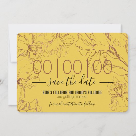 Floral Outline Design in Yellow Mustard BG Wedding Save The Date (Voorkant)