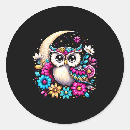 Floral Owl And Moon  Ronde Sticker (Voorkant)