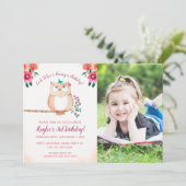 Floral Owl Foto Birthday Kaart (Staand voorkant)