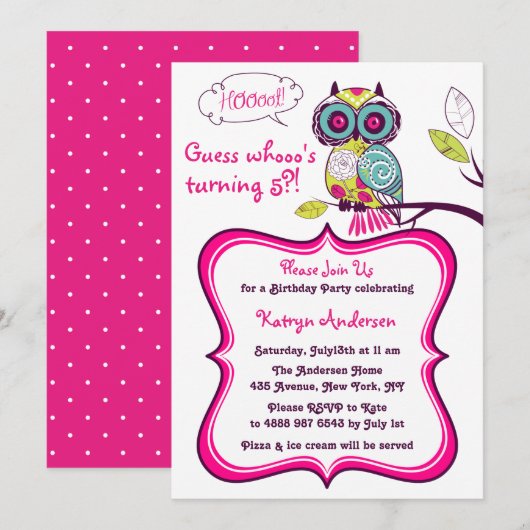  Floral Owl Hot Pink Kids Birthday Party Kaart (Voorkant / Achterkant)
