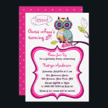 Floral Owl Hot Pink Kids Birthday Party Kaart<br><div class="desc">Een mooie illustratie van een uil in blauwe,  gele en rood-oranje en hete roze kleuren en florale patronen. Deze uitnodiging voor verjaardagsonderdelen is perfect voor een leuke en girale douche.</div>