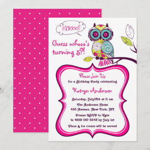  Floral Owl Hot Pink Kids Birthday Party Kaart