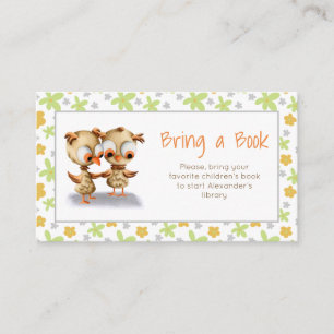 Floral Owl Twins Baby shower Breng een boek Informatiekaartje