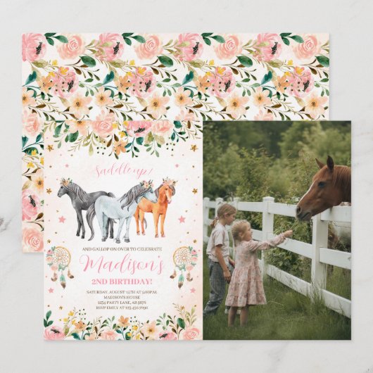 Floral Paard Verjaardag Foto Kaart (Voorkant / Achterkant)