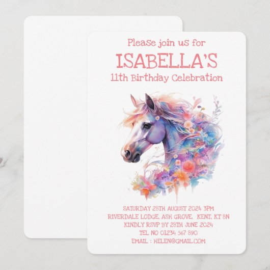 Floral Paard Verjaardag Kaart (Voorkant / Achterkant)