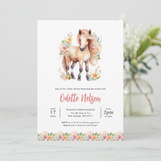 Floral Paard Waterverf Baby shower Kaart (Staand voorkant)