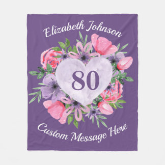 Floral Paars 80th Birthday Blanket for Women Fleece Deken