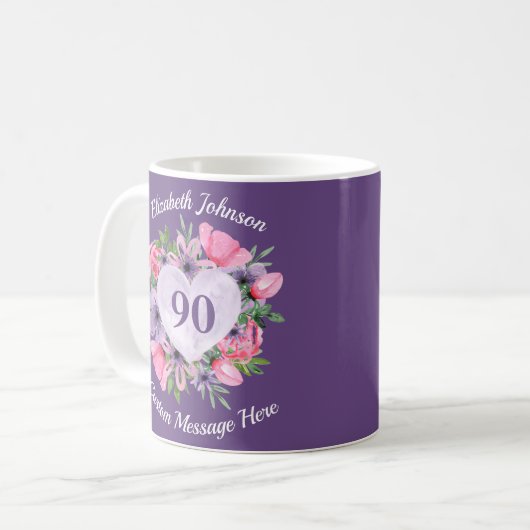 Floral Paars 90th Birthday Mok voor vrouwen (Voorkant links)