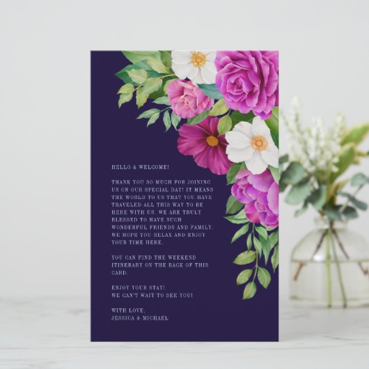 Floral Paars Blue Wedding Welcome Itinerary (Staand voorkant)