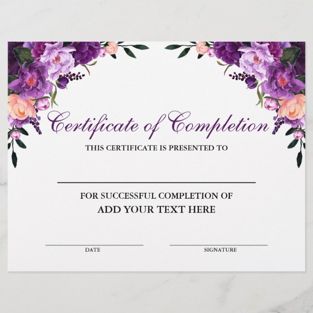 Floral Paars certificaat van voltooiing (Voorkant)