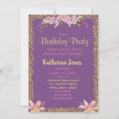 Floral Paars en Gold Birthday Party Kaart (Voorkant)