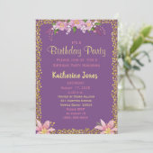 Floral Paars en Gold Birthday Party Kaart (Staand voorkant)
