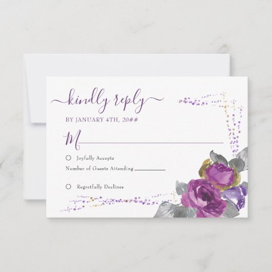 Floral Paars en Gold Confett Simple Wedding RSVP (Voorkant)