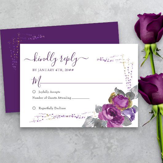 Floral Paars en Gold Confett Simple Wedding RSVP