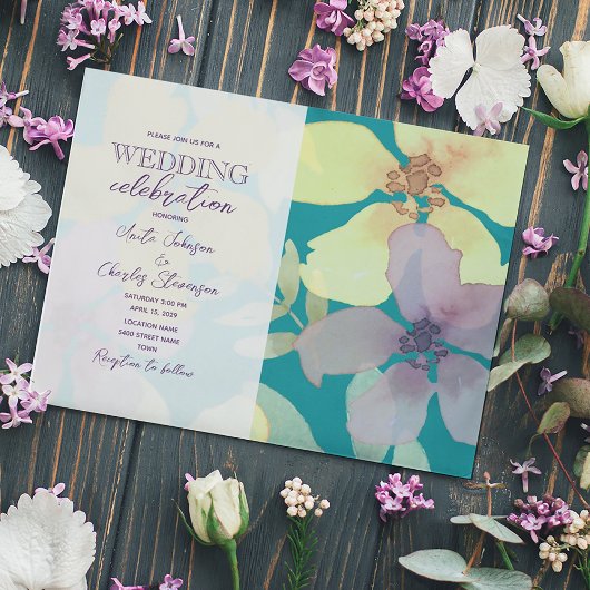 Floral Paars en Turquoise Wedding Kaart