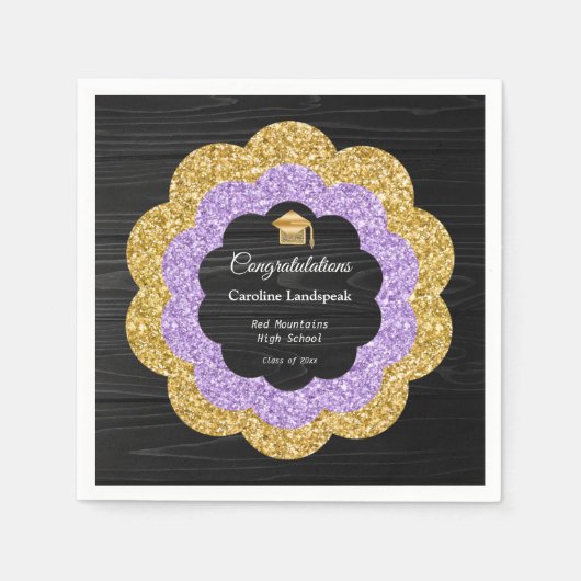 Floral Paars & Gold Glitter Graduation Party Servet (Voorkant)
