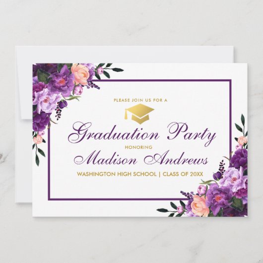 Floral Paars Gold Graduation Party Invite Kaart (Voorkant)