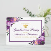 Floral Paars Gold Graduation Party Invite Kaart (Staand voorkant)