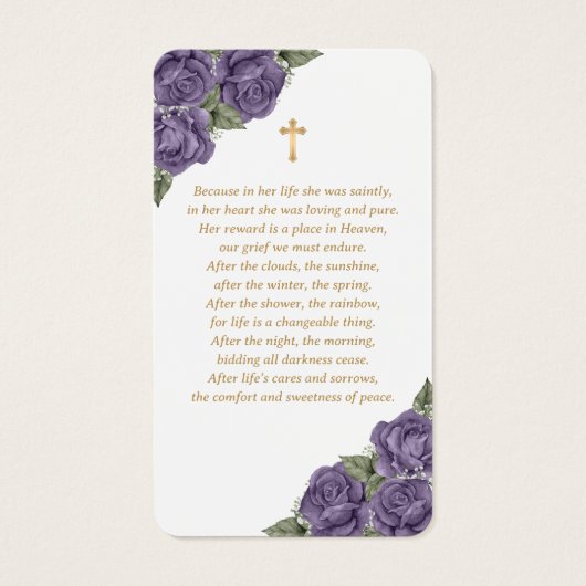 Floral Paars Gold Memorial Funeral Prayer Kaart (Achterkant)