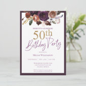 Floral Paars Gold Surprise 50th Birthday Party Kaart (Staand voorkant)