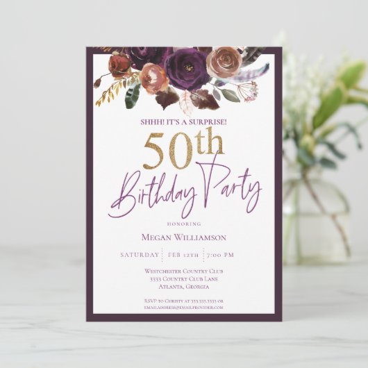 Floral Paars Gold Surprise 50th Birthday Party Kaart (Staand voorkant)