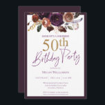 Floral Paars Gold Surprise 50th Birthday Party Kaart<br><div class="desc">Deze elegante 50e surprise verjaardagsfeestje uitnodiging is perfect voor uw speciale evenement! Dit ontwerp is voorzien van mooie,  rijke paarse,  roze en gouden bloemen. De aangepaste typografie is trendy en elegant!</div>